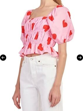 English Factory Pink Crop Top with Red Heart Print